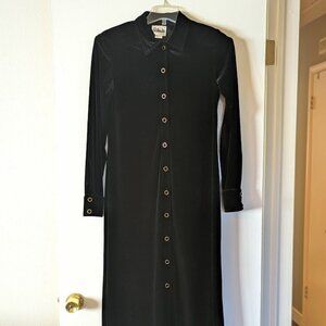 Vintage City Dress 90s Black Velvet Maxi Shirtdress Gold Button Front Small/6
